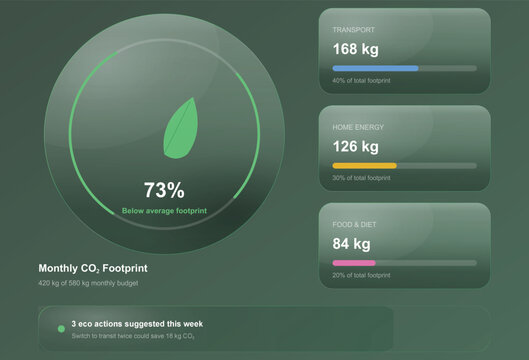 Ecological carbon footprint dashboard ui concept, modern green sustainability tracking app interface vector, eco co2 metrics layout