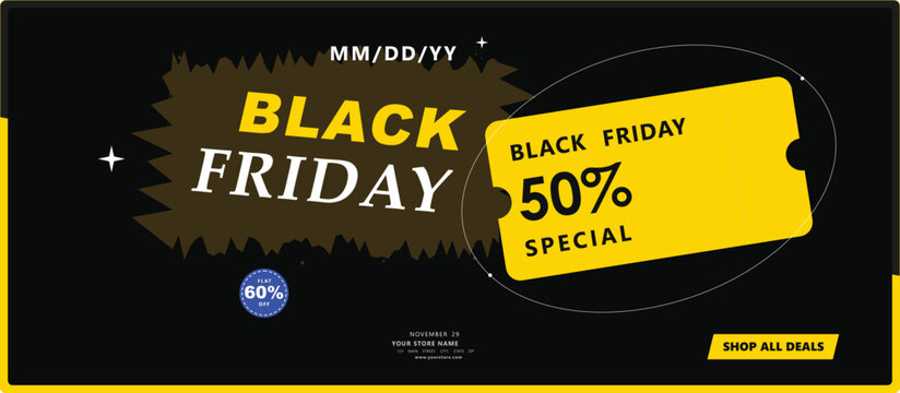 Black Friday Sale Banner Template, Yellow and Black Discount Ticket Vector, Shopping Promotional Web Header Graphic Design