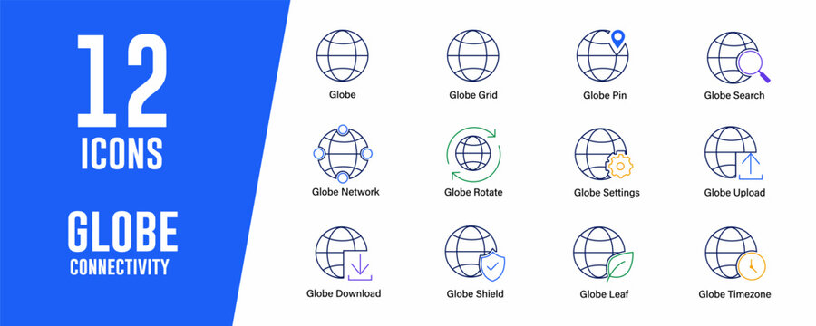 Globe Connectivity icon set. Contains icons related to Globe, globe grid, and more. Editable stroke. Vector illustration.