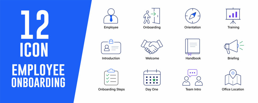Employee Onboarding icon set. Contains icons related to Employee, onboarding and more. Editable stroke. Vector illustration.