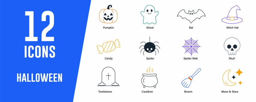 Halloween icon set. Contains icons related to Pumpkin, ghost, and more. Editable stroke. Vector illustration.
