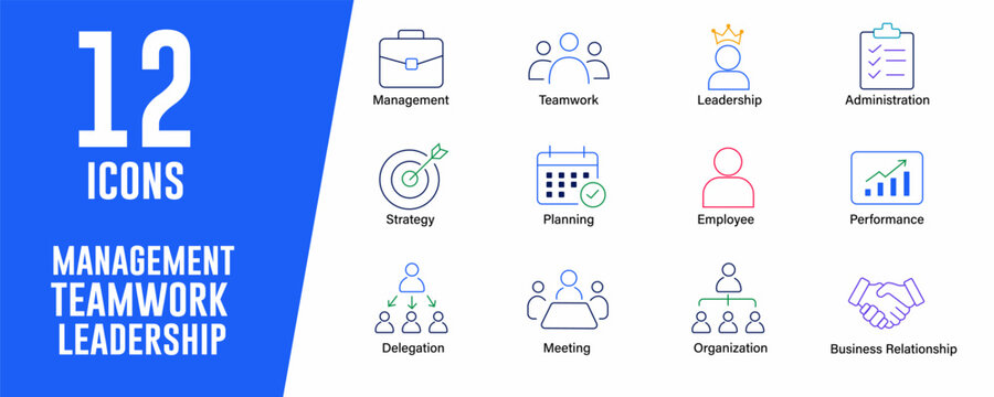 Management Teamwork Leadership icon set. Contains icons related to Management, teamwork, and more. Editable stroke. vector.