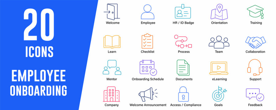 Employee Onboarding icon set. Contains icons related to Welcome, employee, and more. Editable stroke. vector illustration