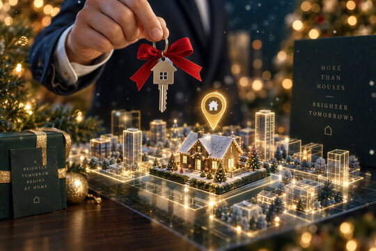 Hand presents a house key above a glowing holiday home in a futuristic real estate scene