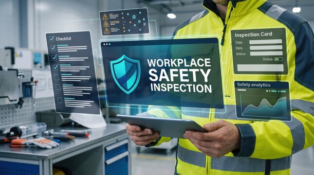 Industrial worker holding tablet with digital augmented reality screens displaying safety inspection checklist, security shield icon, data cards and analytics graphs in a factory setting