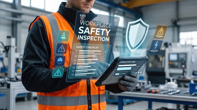 Industrial workplace safety inspection performed by a factory worker using a futuristic digital holographic tablet showing checklists, protection shields, and hazard hazard icons in a modern