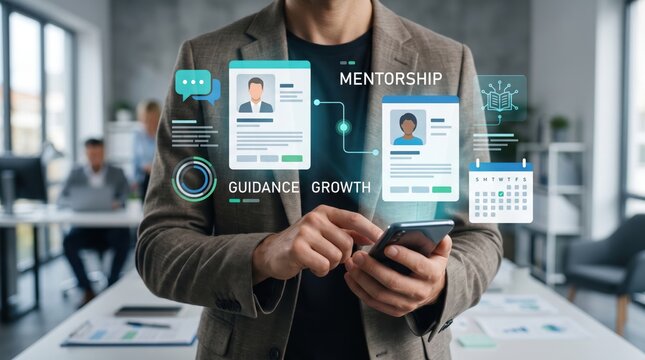 Mentorship and professional career development concept featuring a business professional interacting with augmented reality digital profile cards and networking icons in a modern office workplace
