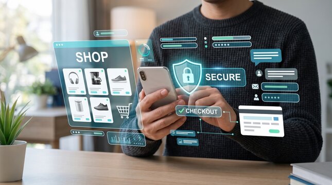 Online shopping mobile app concept with a man using a smartphone surrounded by futuristic augmented reality holographic interface elements including secure checkout and product catalog on a wooden