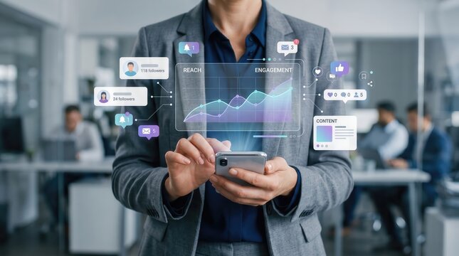Business professional holding smartphone with digital infographics, floating social media analytics holograms, engagement graphs, notifications, and follower statistics in modern corporate office