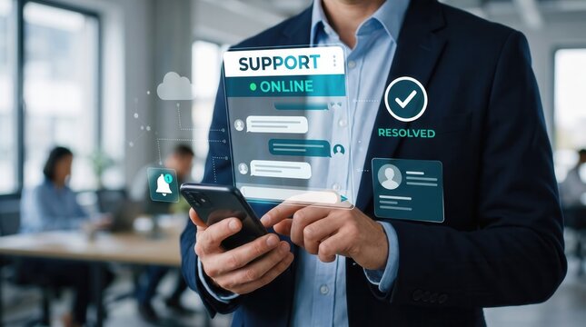 Business support online concept featuring a man in a dark suit holding a smartphone with a holographic interface showing chat messages, a notification bell, and a resolved checkmark status