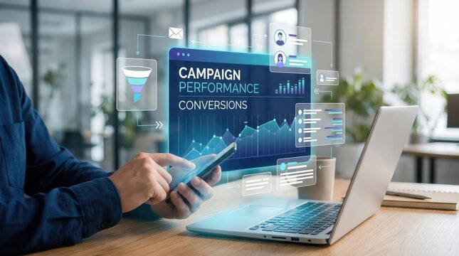 Futuristic holographic dashboard showing campaign performance and conversion metrics with a professional analyzing data on a smartphone next to a laptop computer on a wooden office desk