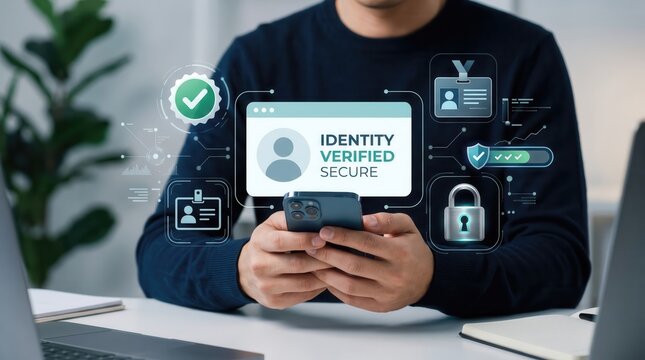 Identity verification and secure authentication concept with a person holding a smartphone showing digital data security badges, biometric identification icons, and cybersecurity protection symbols