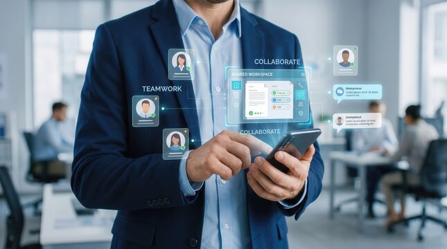 Professional businessman in a modern office holding a smartphone with futuristic holographic UI interface displaying shared workspace, teamwork, and collaborative project management tools and employee