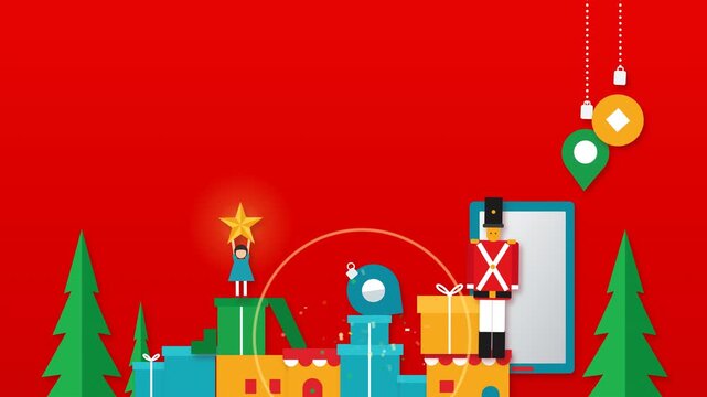 Flat design christmas motion graphic with nutcracker and gift boxes