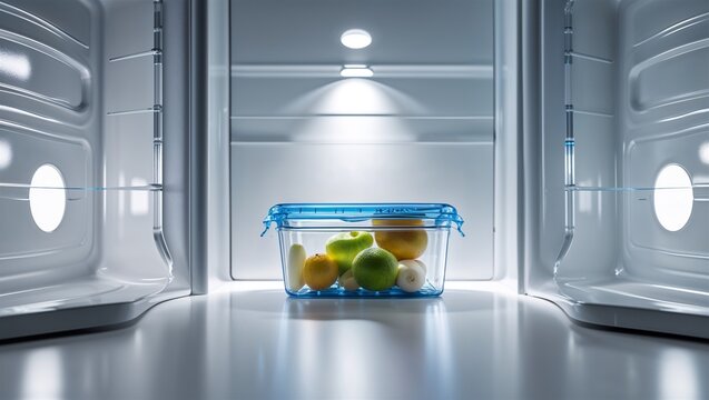 Fruit container inside a clean illuminated refrigerator