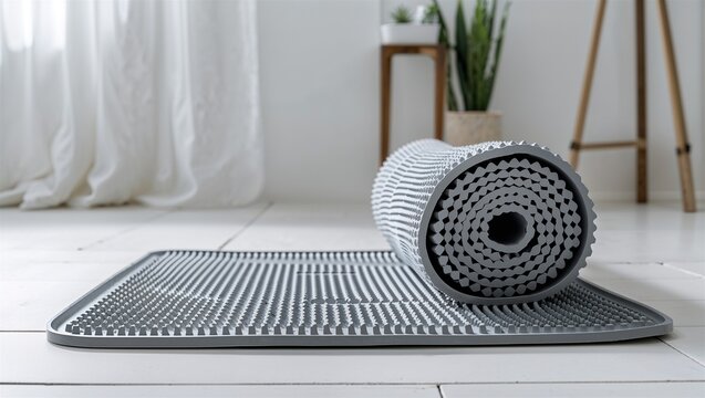 Rolled textured gray exercise mat in a bright home interior