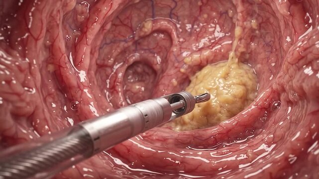 Endoscopic view of a medical catheter removing yellow plaque from a narrowed artery lumen