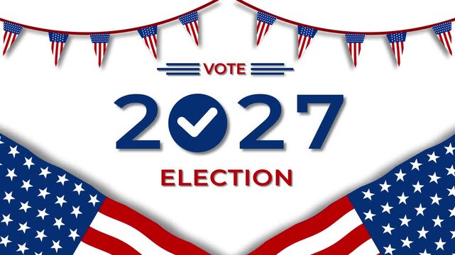 2027 election animated vote concept with check mark waving usa flags and decorative bunting in seamless loop motion on 4k white background.