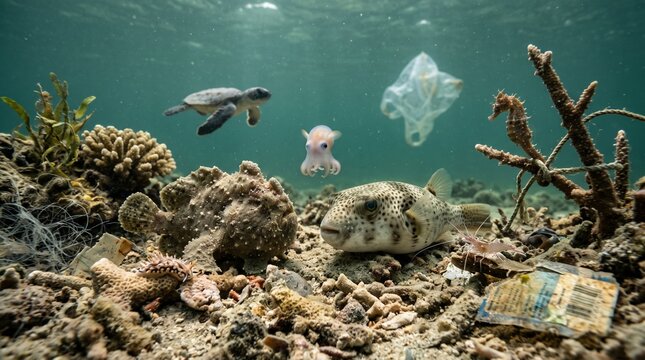 Underwater scene with marine life and ocean pollution