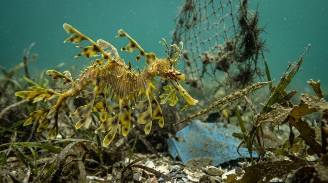 Leafy seadragon swimming near marine debris underwater scene