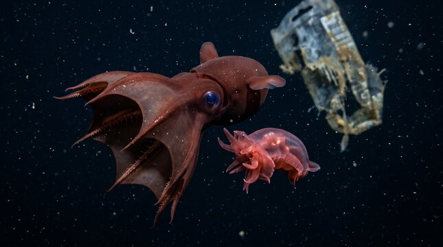 Deep sea vampire squid and jellyfish swimming near ocean debris