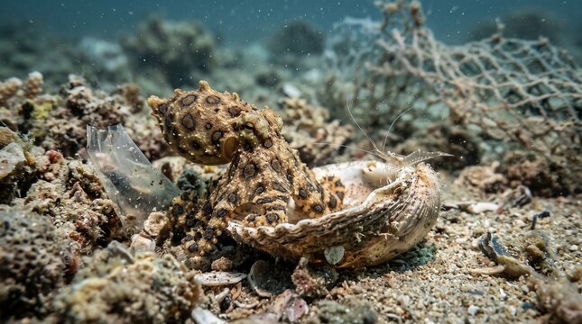 Octopus camouflaged among coral reef debris in ocean environment