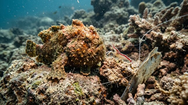 Camouflaged frogfish resting on coral reef in vibrant underwater scene