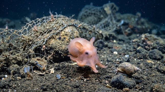 Adorable pink octopus exploring ocean floor with marine debris