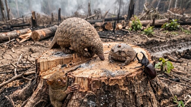 Wildlife animals on tree stump in deforested area