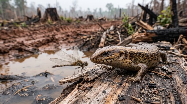 Lizard and dragonfly in deforested area with muddy terrain