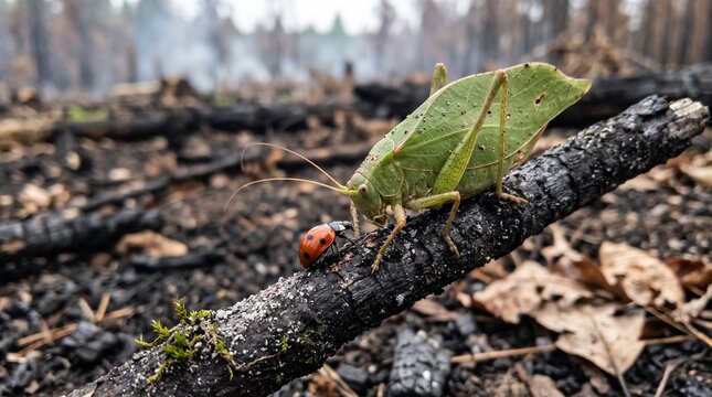 Close-up of Grasshopper and Ladybug on Burnt Forest Log