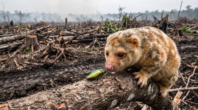 Marsupial on a log in deforested landscape with misty background