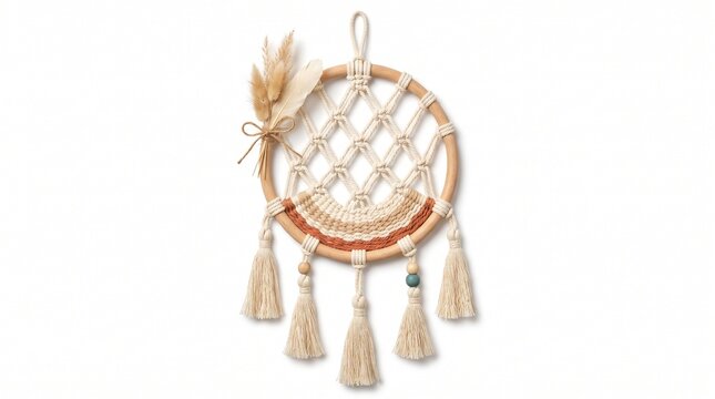 Bohemian macrame dreamcatcher wall hanging, woven cotton rope dream catcher, modern boho chic home decor ornament isolated PNG with Transparent Background