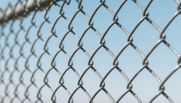 A close-up of chain-link fencing against a clear blue sky, diagonal perspective with blur.