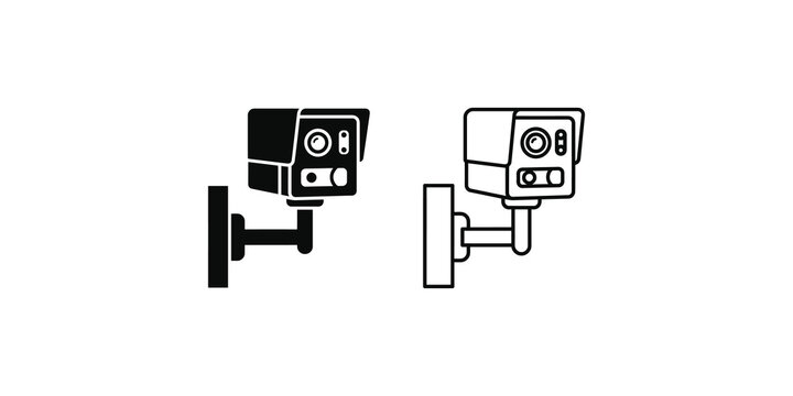 CCTV Camera Icon - Line and Solid Versions, Transparent Background
