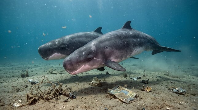 Two sharks swimming in polluted ocean with visible debris