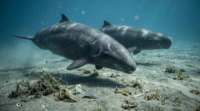 Pair of pilot whales swimming gracefully in clear ocean waters