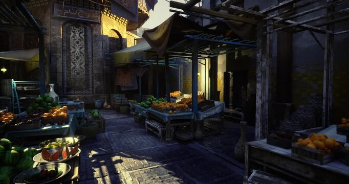 golden hour vendor prepping produce display. crates of citrus and leafy greens arranged in neat rows on wooden tables. warm sunlight slants through fabric