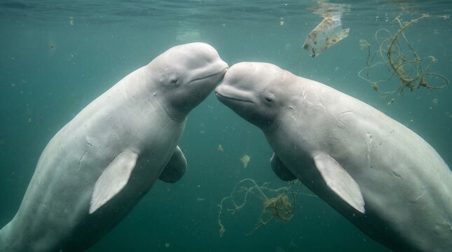 Two Beluga Whales Interacting Underwater in Natural Habitat