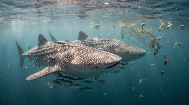 Whale sharks swimming in clear ocean with fish and seaweed