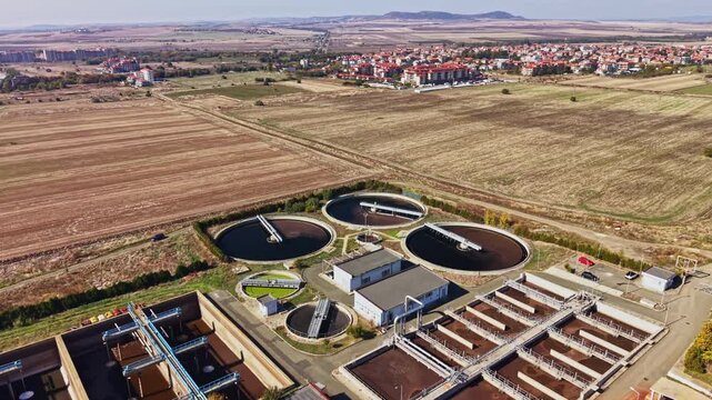 A wastewater treatment plant operates with circular settling tanks and rectangular treatment basins, surrounded by farmland and a town in the distance.