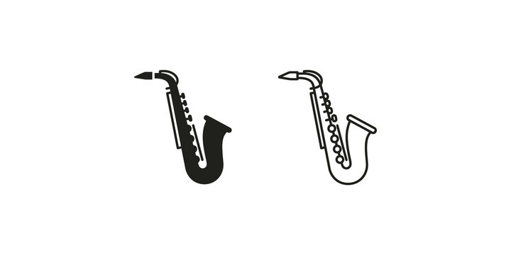 Saxophone Flat Icon - Line and Solid Versions, Transparent Background