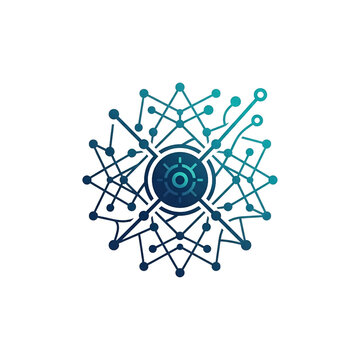 Vector illustration of a central cyber eye core surrounded by intricate network circuit node connections in blue and teal gradients, representing artificial intelligence, big data, surveillance, and c