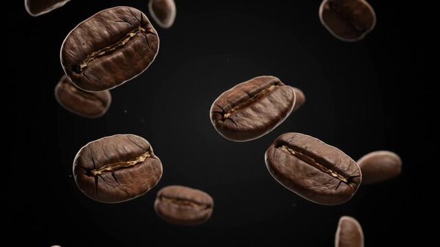 Roasted Coffee Beans Falling and Rotating in Slow Motion on Dark Background