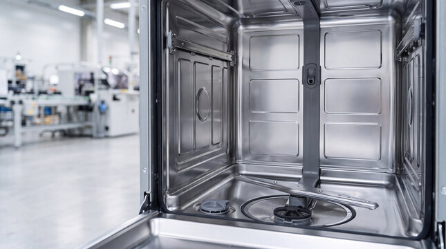 Inside clean empty dishwasher at factory quality K production line with professional manufacturing technology, happy precision steel assembly