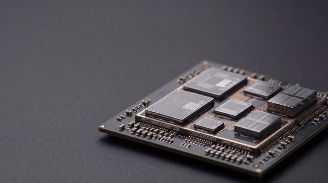 Modern electronic chiplet package integrated circuit processor hardware technology component showing detailed professional precision design