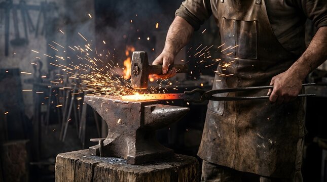 Professional blacksmith forging red hot metal on an anvil with a hammer in a dark workshop, sparks flying from the glowing steel, traditional craft and industrial metalwork concept
