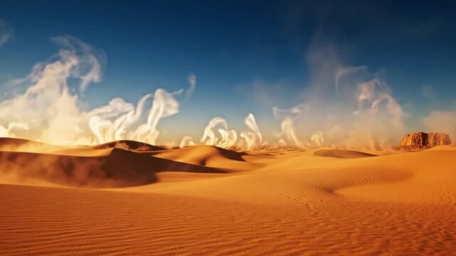 Desert sand dunes with swirling dust devils and geothermal vapor