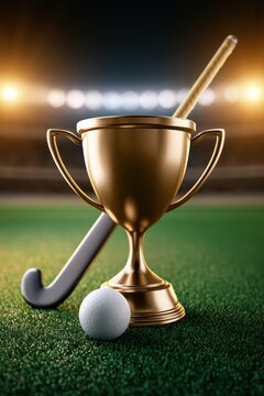 A field hockey showing ball and stick, trophy cup above green turf at night stadium lights photo.
