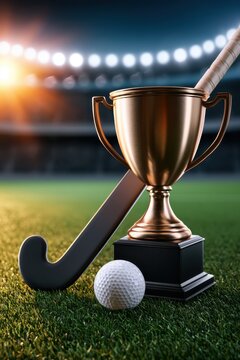 A field hockey showing ball and stick, trophy cup above green turf at night stadium lights photo.